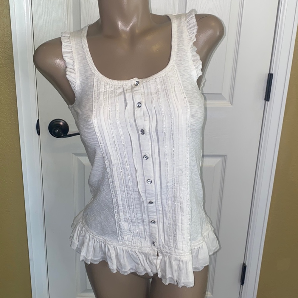 Miss Me White Sleeveless Top w Rhinestone Buttons & Ruffle Accents - S